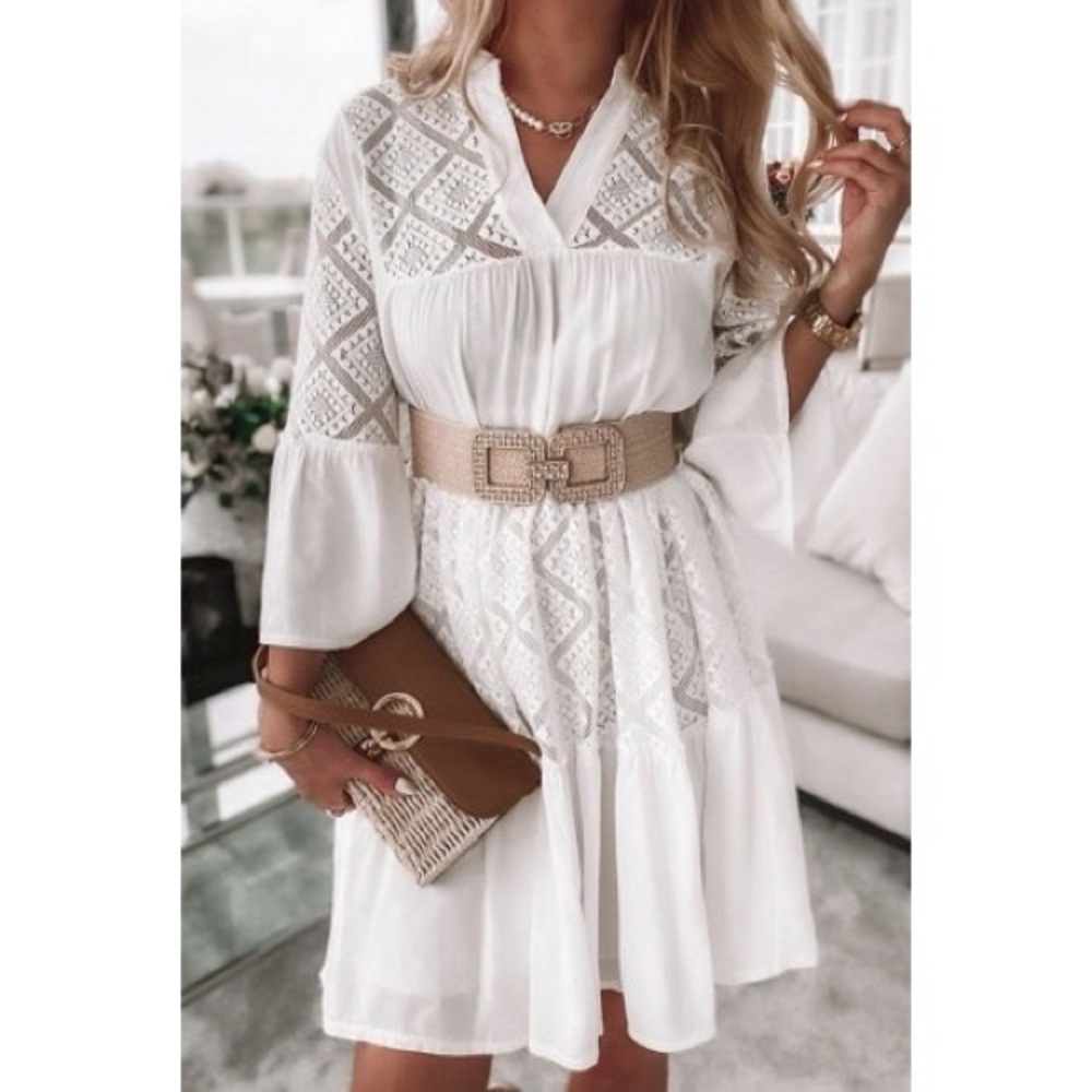Boho White Lace V-Neck Mini Dress - Picture 4 of 5